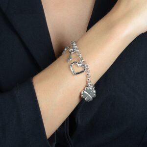 Pulseira Prateada Elo Português com Coração, Cadeado, Trevo e Chave Immersa